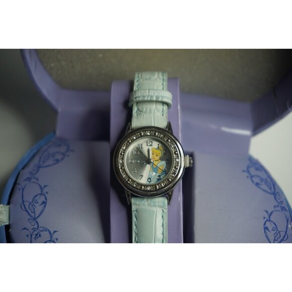 Disney Princess Cinderella Watch Sparkling Bezel Light Blue Leather Strap NEW